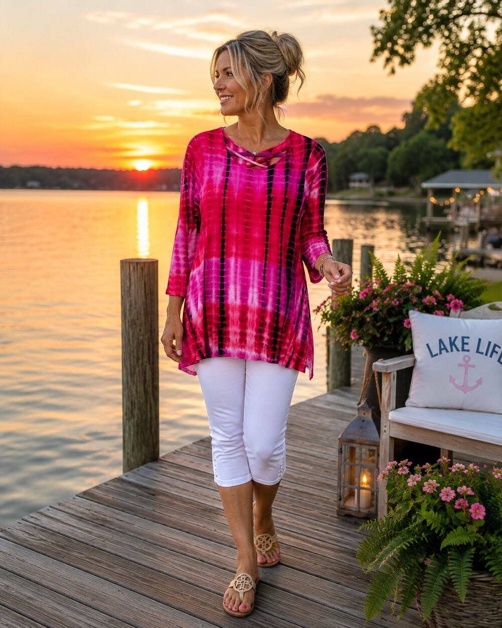 Simply Southern Pink Tie Dye Crisscross Tunic Top Women's Long Sleeve